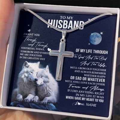 Stainless Cross Necklace Stainless Steel | 2 | Personalized To My Husband Necklace From Wife I Want You Wolf Husband Birthday Anniversary Romantic Valentines Day Christmas Customized Gift Box Message Card | teecentury