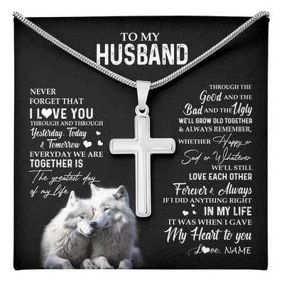 Stainless Cross Necklace Stainless Steel | 1 | Personalized To My Husband Necklace From Wife Wolf Never Forget That I Love You Husband Wedding Anniversary Birthday Christmas Customized Gift Box Message Card | teecentury