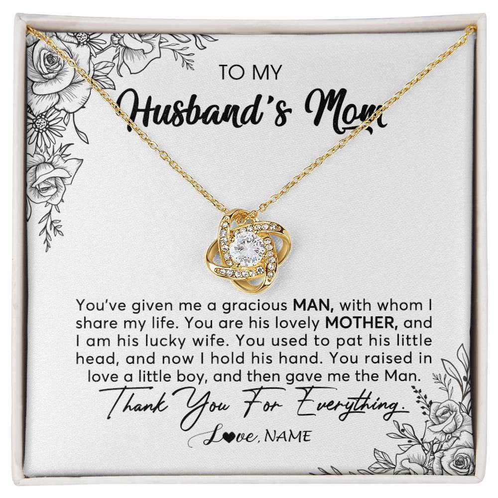 Love Knot Necklace 18K Yellow Gold Finish | Personalized To My Husband's Mom Necklace From Daughter You Are His Lovely Mother In Law Mothers Day Birthday Christmas Customized Gift Box Message Card | teecentury