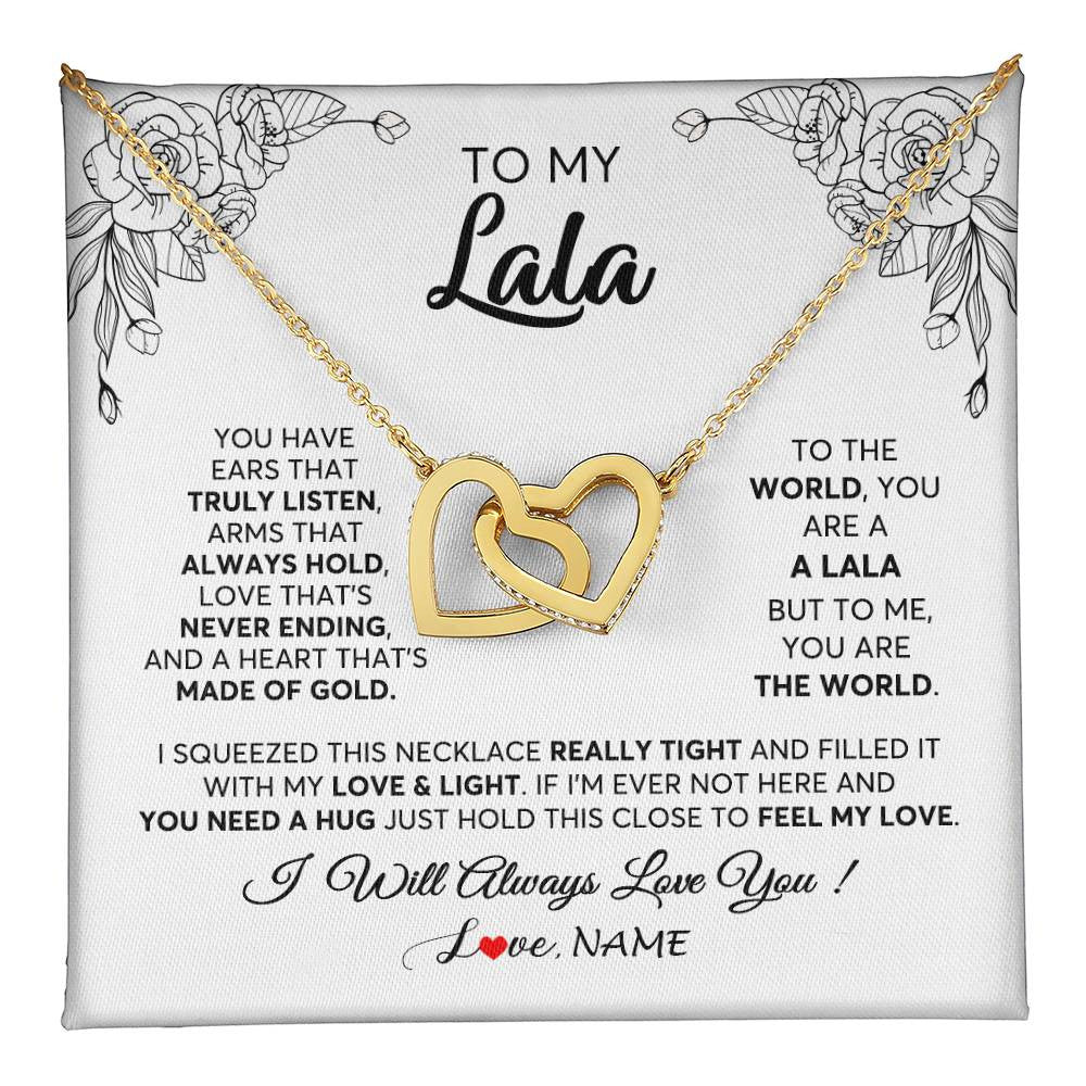 Interlocking Hearts Necklace 18K Yellow Gold Finish | 1 | Personalized To My Lala Necklace From Grandkids Granddaughter Hold This Close Feel My Love Lala Birthday Mothers Day Christmas Customized Gift Box Message Card | teecentury