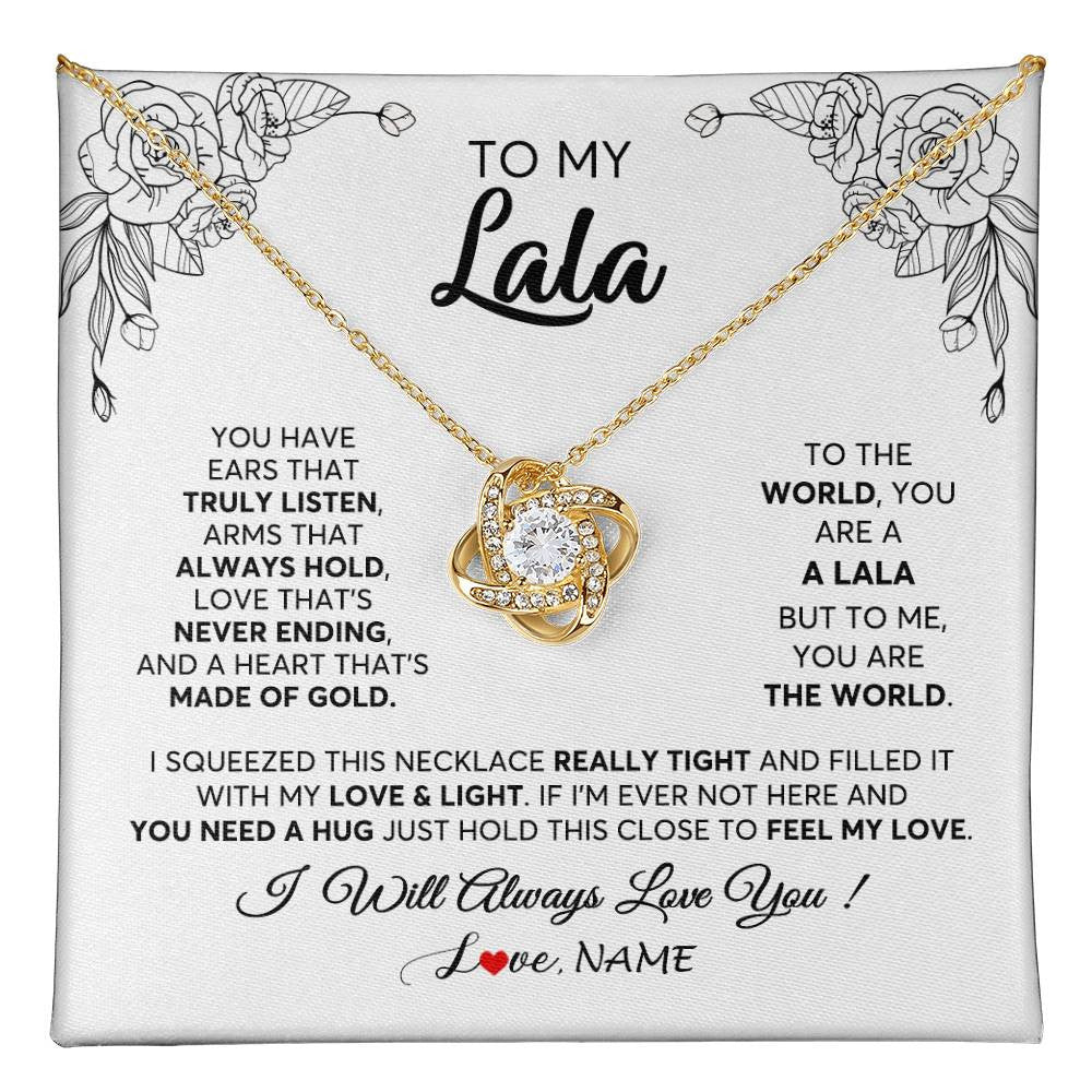 Love Knot Necklace 18K Yellow Gold Finish | 1 | Personalized To My Lala Necklace From Grandkids Granddaughter Hold This Close Feel My Love Lala Birthday Mothers Day Christmas Customized Gift Box Message Card | teecentury