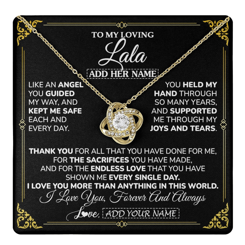 Love Knot Necklace 18K Yellow Gold Finish | 1 | Personalized To My Lala Necklace Gifts Meaningful Gift To Lala From Granddaughter Without You There Is No Me Mothers Day Birthday Custom Gift Box Message Card | https://teecentury.