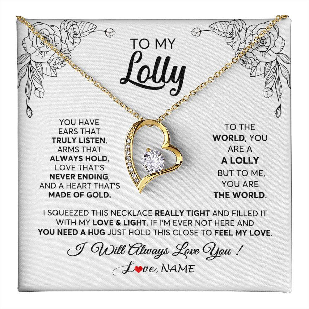 Forever Love Necklace 18K Yellow Gold Finish | 1 | Personalized To My Lolly Necklace From Grandkids Granddaughter Hold This Close Feel My Love Lolly Birthday Mothers Day Jewelry Customized Gift Box Message Card | teecentury