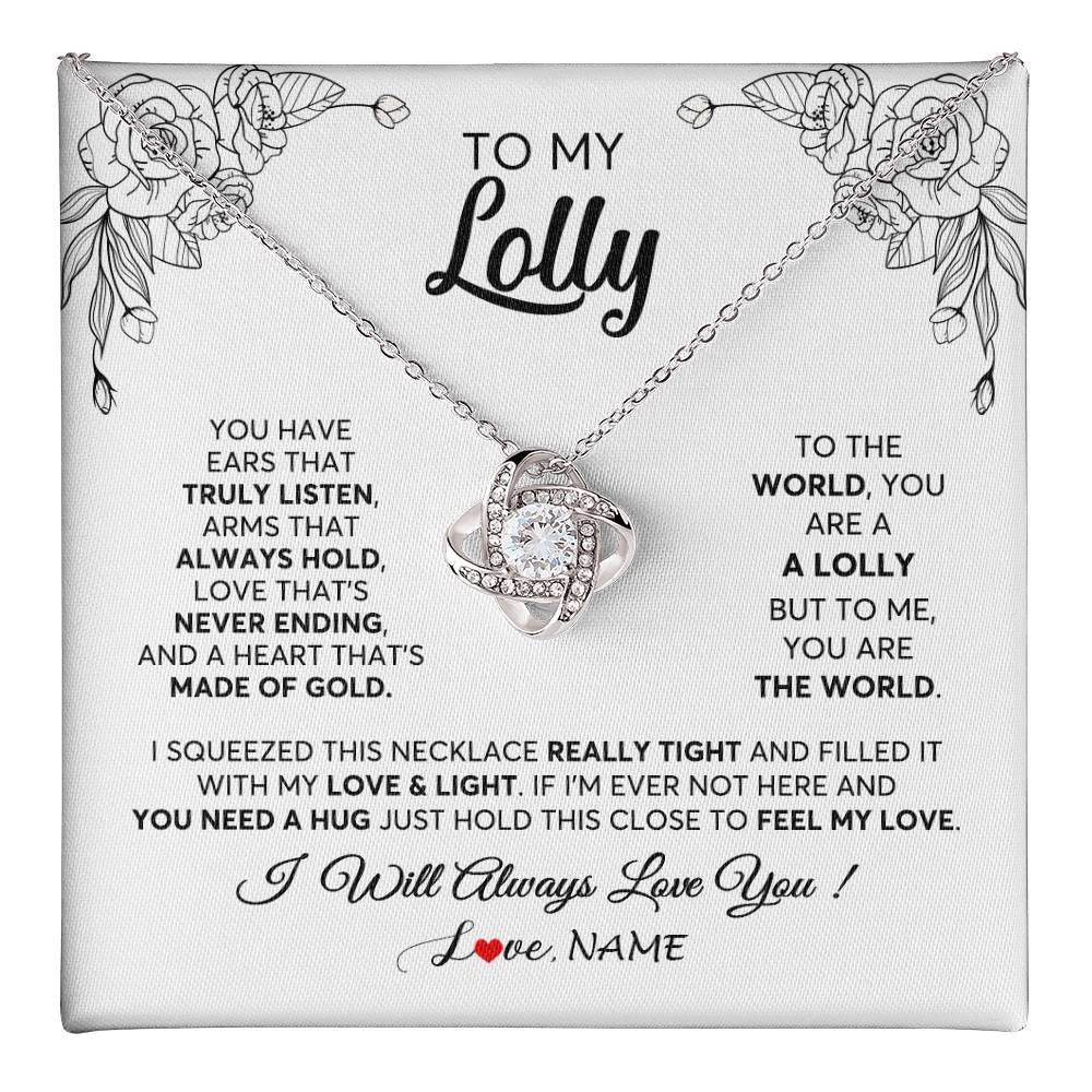 Love Knot Necklace 14K White Gold Finish | 1 | Personalized To My Lolly Necklace From Grandkids Granddaughter Hold This Close Feel My Love Lolly Birthday Mothers Day Jewelry Customized Gift Box Message Card | teecentury