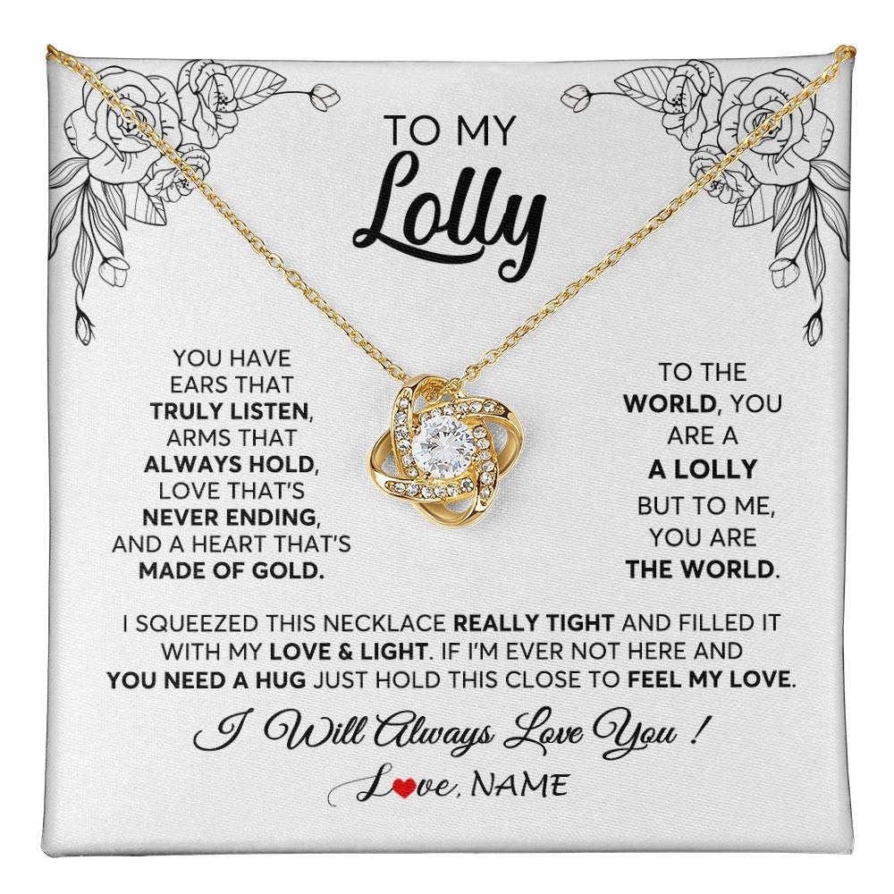 Love Knot Necklace 18K Yellow Gold Finish | 1 | Personalized To My Lolly Necklace From Grandkids Granddaughter Hold This Close Feel My Love Lolly Birthday Mothers Day Jewelry Customized Gift Box Message Card | teecentury