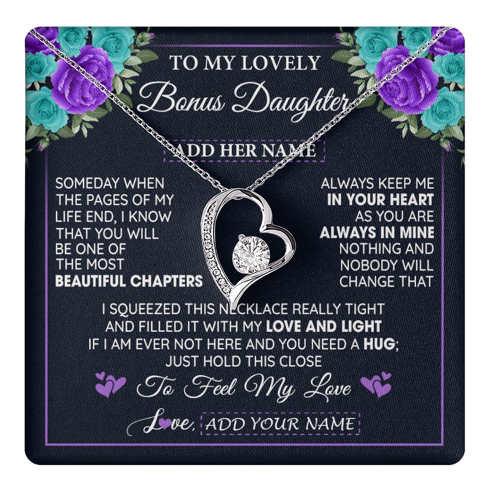 Forever Love Necklace 14K White Gold Finish | 1 | Personalized To My Lovely Bonus Daughter Necklace Gift From Stepdad Feel My Love Stepdaughter Birthday Gift Mother's Day Christmas Gift Box Message Card | teecentury.myshopify