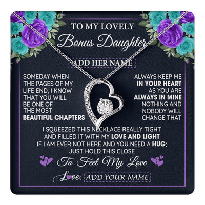 Forever Love Necklace 14K White Gold Finish | 1 | Personalized To My Lovely Bonus Daughter Necklace Gift From Stepdad Feel My Love Stepdaughter Birthday Gift Mother's Day Christmas Gift Box Message Card | teecentury.myshopify