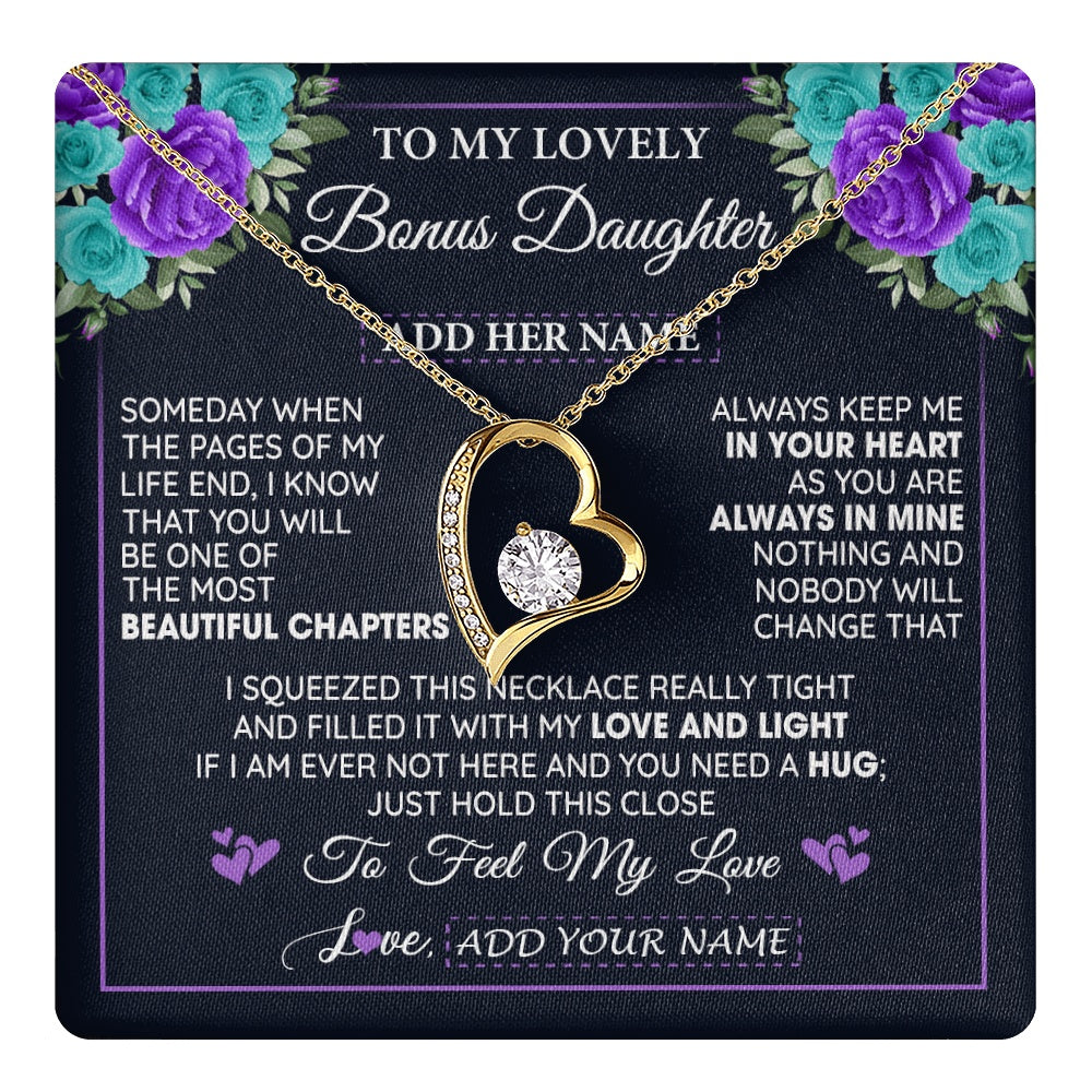 Forever Love Necklace 18K Yellow Gold Finish | 1 | Personalized To My Lovely Bonus Daughter Necklace Gift From Stepdad Feel My Love Stepdaughter Birthday Gift Mother's Day Christmas Gift Box Message Card | teecentury.myshopify