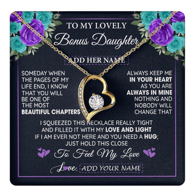 Forever Love Necklace 18K Yellow Gold Finish | 1 | Personalized To My Lovely Bonus Daughter Necklace Gift From Stepdad Feel My Love Stepdaughter Birthday Gift Mother's Day Christmas Gift Box Message Card | teecentury.myshopify