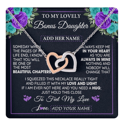 Interlocking Hearts Necklace Stainless Steel & Rose Gold Finish | 1 | Personalized To My Lovely Bonus Daughter Necklace Gift From Stepdad Feel My Love Stepdaughter Birthday Gift Mother's Day Christmas Gift Box Message Card | teecentury.myshopify