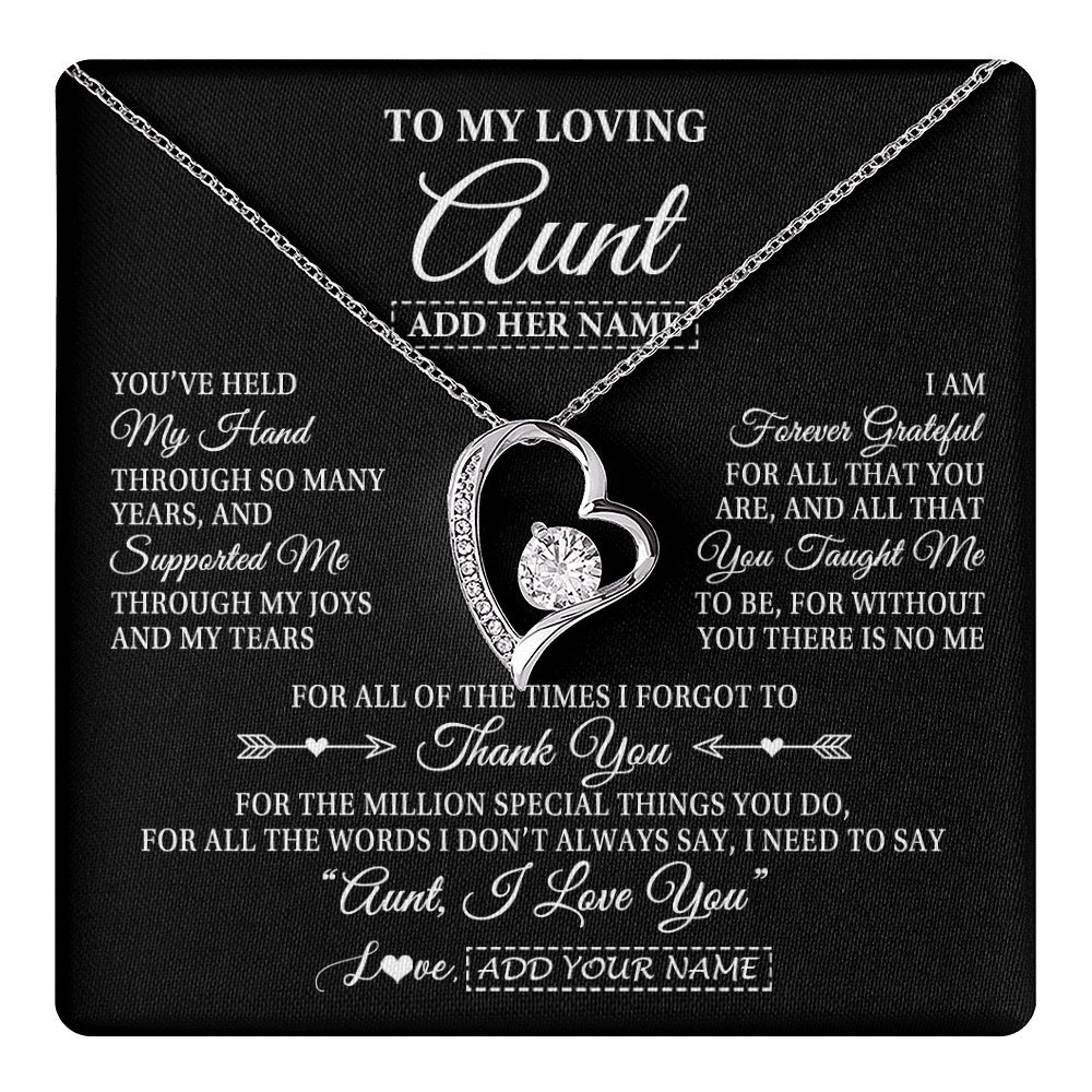 Forever Love Necklace 14K White Gold Finish | 1 | Personalized To My Loving Aunt Necklace From Niece You've Help My Hand Aunt Gift From Nephew Aunt Birthday Gifts Mothers Day Custom Gift Box Message Card | https://teecentury.
