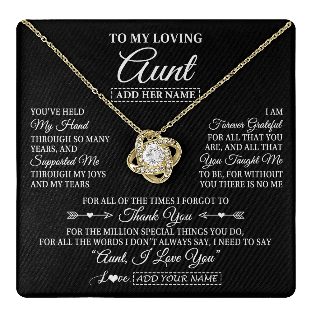 Love Knot Necklace 18K Yellow Gold Finish | 1 | Personalized To My Loving Aunt Necklace From Niece You've Help My Hand Aunt Gift From Nephew Aunt Birthday Gifts Mothers Day Custom Gift Box Message Card | https://teecentury.