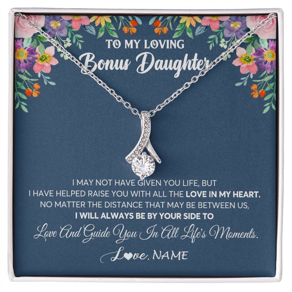 Alluring Beauty Necklace 14K White Gold Finish | 1 | Personalized To My Loving Bonus Daughter Necklace From Stepmom No Matter The Distance Stepdaughter Birthday Christmas Jewelry Customized Gift Box Message Card | teecentury