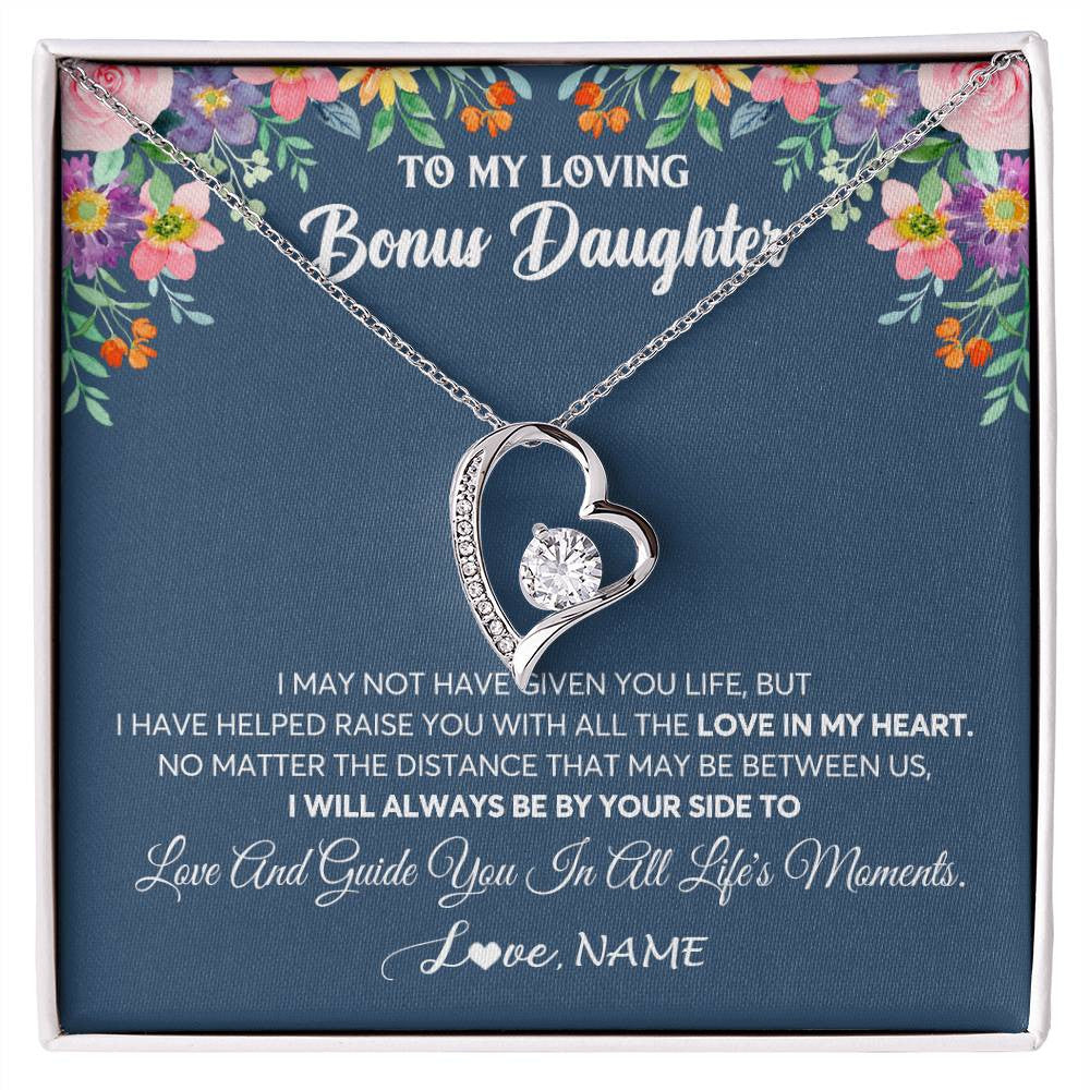 Forever Love Necklace 14K White Gold Finish | 1 | Personalized To My Loving Bonus Daughter Necklace From Stepmom No Matter The Distance Stepdaughter Birthday Christmas Jewelry Customized Gift Box Message Card | teecentury