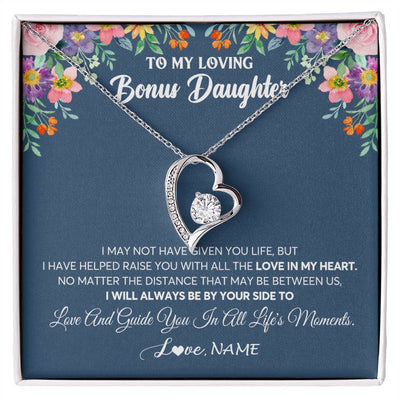 Forever Love Necklace 14K White Gold Finish | 1 | Personalized To My Loving Bonus Daughter Necklace From Stepmom No Matter The Distance Stepdaughter Birthday Christmas Jewelry Customized Gift Box Message Card | teecentury