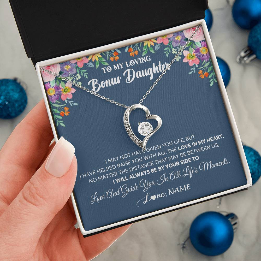 Forever Love Necklace 14K White Gold Finish | 2 | Personalized To My Loving Bonus Daughter Necklace From Stepmom No Matter The Distance Stepdaughter Birthday Christmas Jewelry Customized Gift Box Message Card | teecentury
