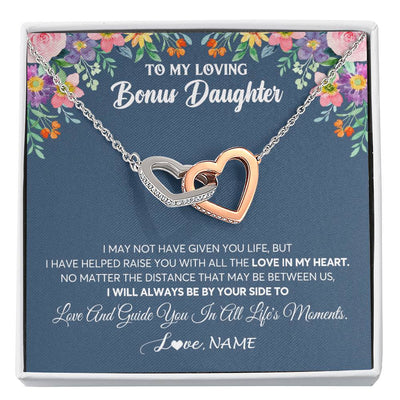 Interlocking Hearts Necklace Stainless Steel & Rose Gold Finish | 1 | Personalized To My Loving Bonus Daughter Necklace From Stepmom No Matter The Distance Stepdaughter Birthday Christmas Jewelry Customized Gift Box Message Card | teecentury