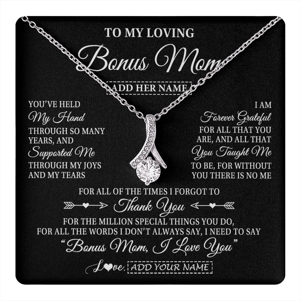 Alluring Beauty Necklace 14K White Gold Finish | 1 | Personalized To My Loving Bonus Mom Necklace From Stepdaughter You've Help My Hand Stepmom Gift Step Mom Birthday Gifts Mothers Day Gift Box Message Card | https://teecentury.