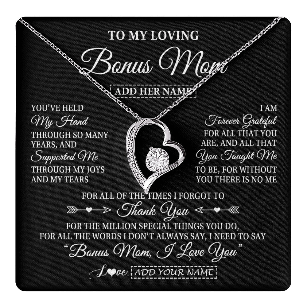 Forever Love Necklace 14K White Gold Finish | 1 | Personalized To My Loving Bonus Mom Necklace From Stepdaughter You've Help My Hand Stepmom Gift Step Mom Birthday Gifts Mothers Day Gift Box Message Card | https://teecentury.