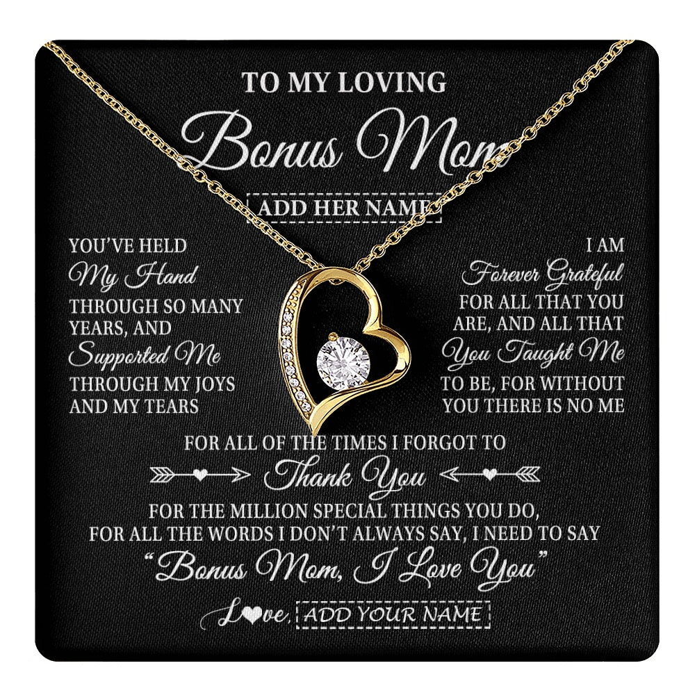 Forever Love Necklace 18K Yellow Gold Finish | 1 | Personalized To My Loving Bonus Mom Necklace From Stepdaughter You've Help My Hand Stepmom Gift Step Mom Birthday Gifts Mothers Day Gift Box Message Card | https://teecentury.