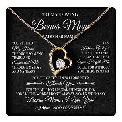Forever Love Necklace 18K Yellow Gold Finish | 1 | Personalized To My Loving Bonus Mom Necklace From Stepdaughter You've Help My Hand Stepmom Gift Step Mom Birthday Gifts Mothers Day Gift Box Message Card | https://teecentury.