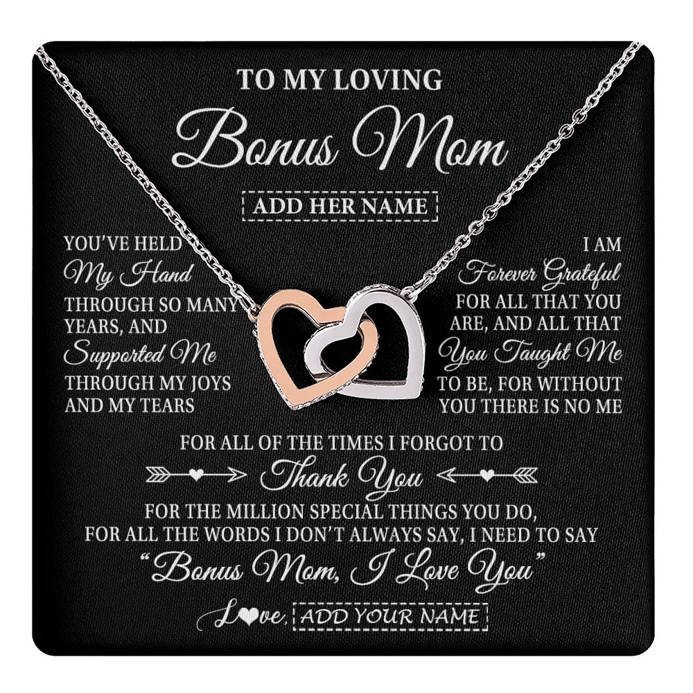 Interlocking Hearts Necklace Stainless Steel & Rose Gold Finish | 1 | Personalized To My Loving Bonus Mom Necklace From Stepdaughter You've Help My Hand Stepmom Gift Step Mom Birthday Gifts Mothers Day Gift Box Message Card | https://teecentury.