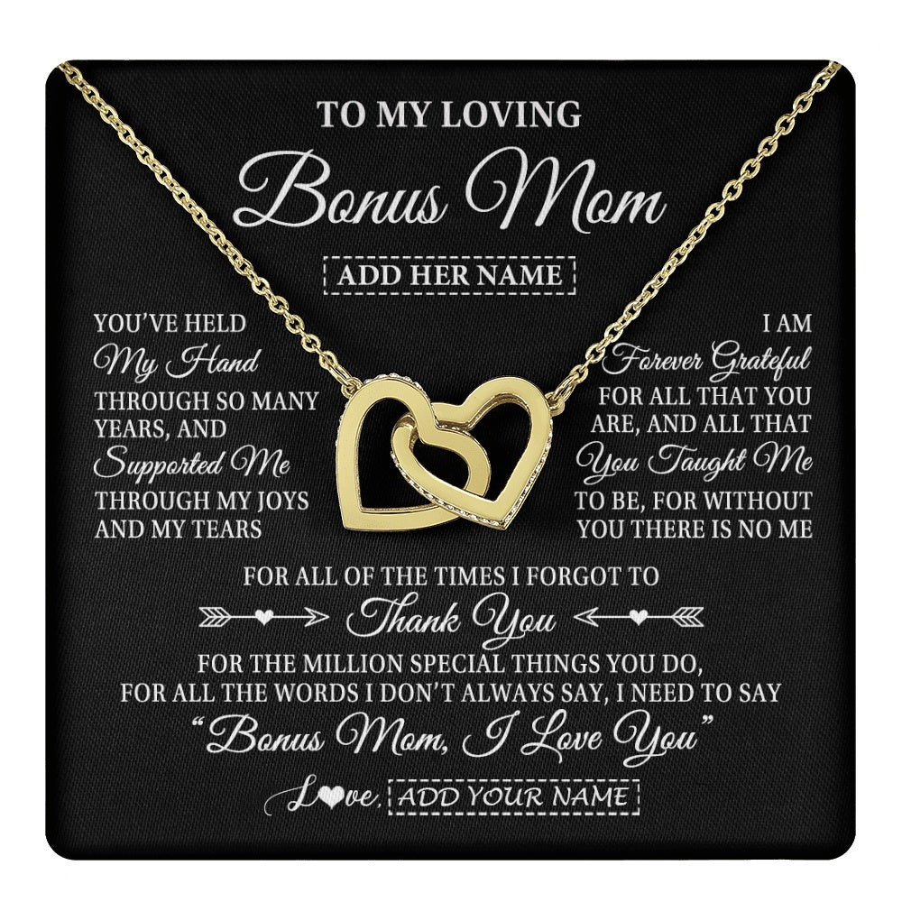 Interlocking Hearts Necklace 18K Yellow Gold Finish | 1 | Personalized To My Loving Bonus Mom Necklace From Stepdaughter You've Help My Hand Stepmom Gift Step Mom Birthday Gifts Mothers Day Gift Box Message Card | https://teecentury.