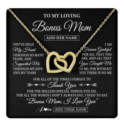 Interlocking Hearts Necklace 18K Yellow Gold Finish | 1 | Personalized To My Loving Bonus Mom Necklace From Stepdaughter You've Help My Hand Stepmom Gift Step Mom Birthday Gifts Mothers Day Gift Box Message Card | https://teecentury.
