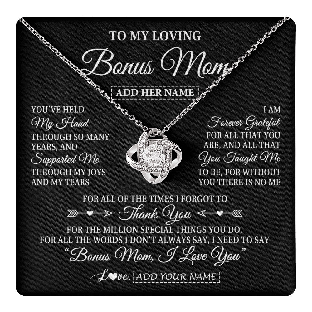 Love Knot Necklace 14K White Gold Finish | 1 | Personalized To My Loving Bonus Mom Necklace From Stepdaughter You've Help My Hand Stepmom Gift Step Mom Birthday Gifts Mothers Day Gift Box Message Card | https://teecentury.
