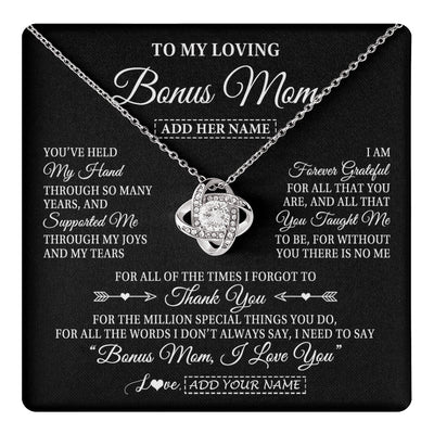 Love Knot Necklace 14K White Gold Finish | 1 | Personalized To My Loving Bonus Mom Necklace From Stepdaughter You've Help My Hand Stepmom Gift Step Mom Birthday Gifts Mothers Day Gift Box Message Card | https://teecentury.
