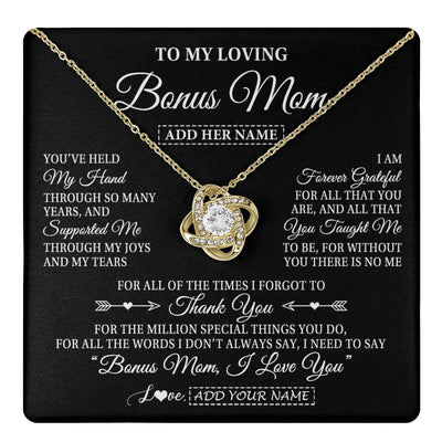 Love Knot Necklace 18K Yellow Gold Finish | 1 | Personalized To My Loving Bonus Mom Necklace From Stepdaughter You've Help My Hand Stepmom Gift Step Mom Birthday Gifts Mothers Day Gift Box Message Card | https://teecentury.