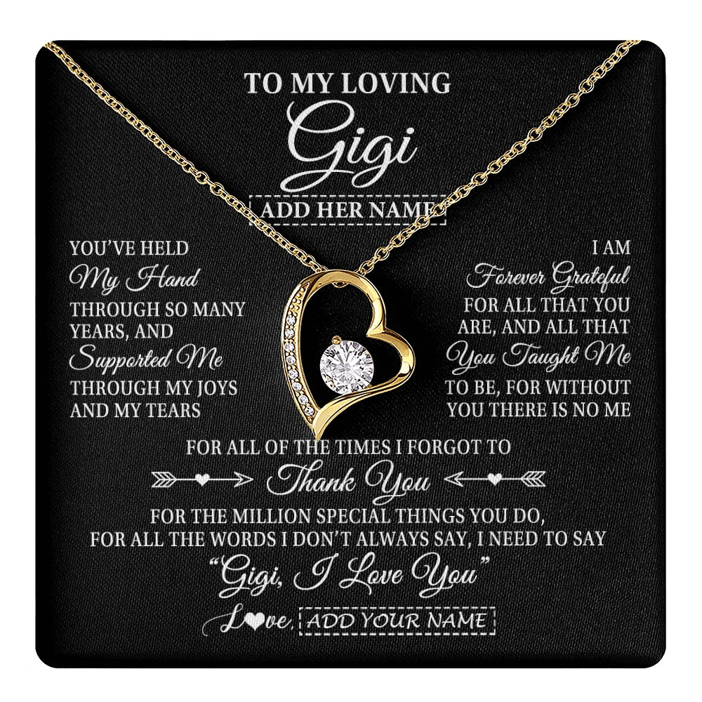 Forever Love Necklace 18K Yellow Gold Finish | 1 | Personalized To My Loving Gigi Necklace From Granddaughter You've Help My Hand Gigi Gift From Grandson Gigi Birthday Gifts Mothers Day Gift Box Message Card | https://teecentury.