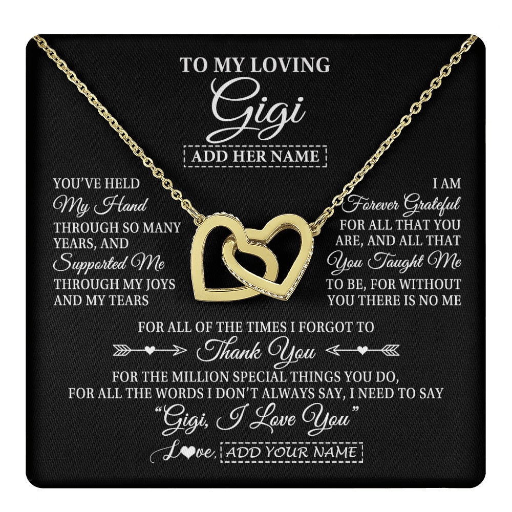 Interlocking Hearts Necklace 18K Yellow Gold Finish | 1 | Personalized To My Loving Gigi Necklace From Granddaughter You've Help My Hand Gigi Gift From Grandson Gigi Birthday Gifts Mothers Day Gift Box Message Card | https://teecentury.