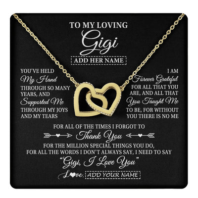 Interlocking Hearts Necklace 18K Yellow Gold Finish | 1 | Personalized To My Loving Gigi Necklace From Granddaughter You've Help My Hand Gigi Gift From Grandson Gigi Birthday Gifts Mothers Day Gift Box Message Card | https://teecentury.