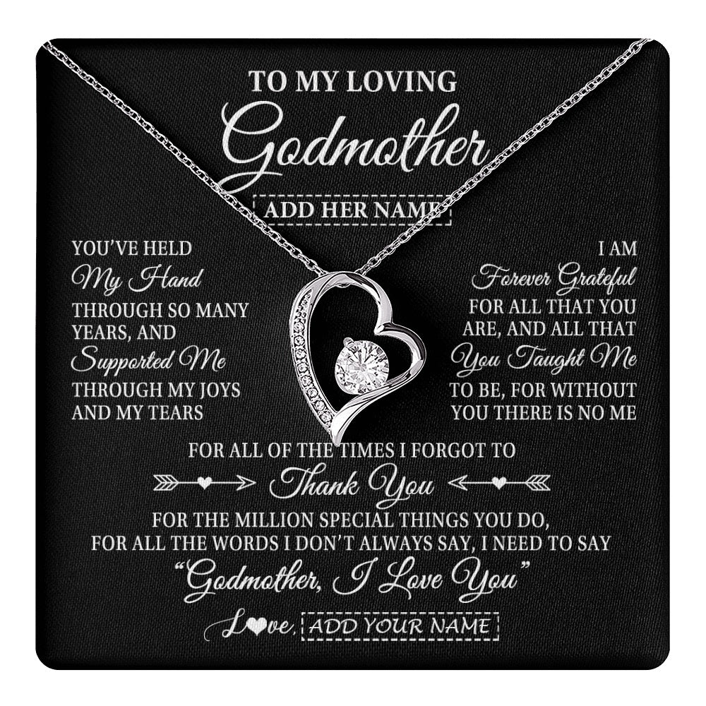 Forever Love Necklace 14K White Gold Finish | 1 | Personalized To My Loving Godmother Necklace From Niece You've Help My Hand Aunt Gift From Godchild Godmother Birthday Gifts Mothers Day Gift Box Message Card | https://teecentury.