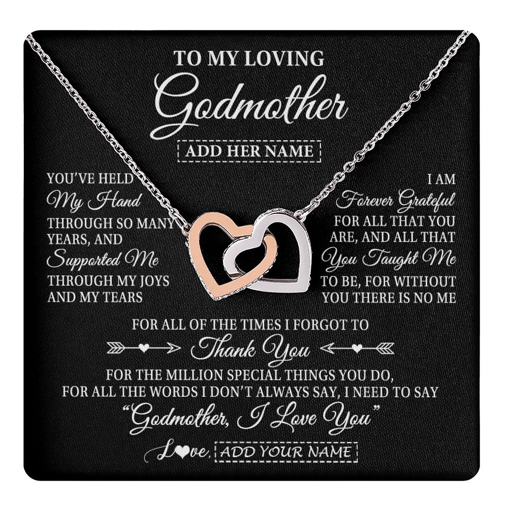 Interlocking Hearts Necklace Stainless Steel & Rose Gold Finish | 1 | Personalized To My Loving Godmother Necklace From Niece You've Help My Hand Aunt Gift From Godchild Godmother Birthday Gifts Mothers Day Gift Box Message Card | https://teecentury.