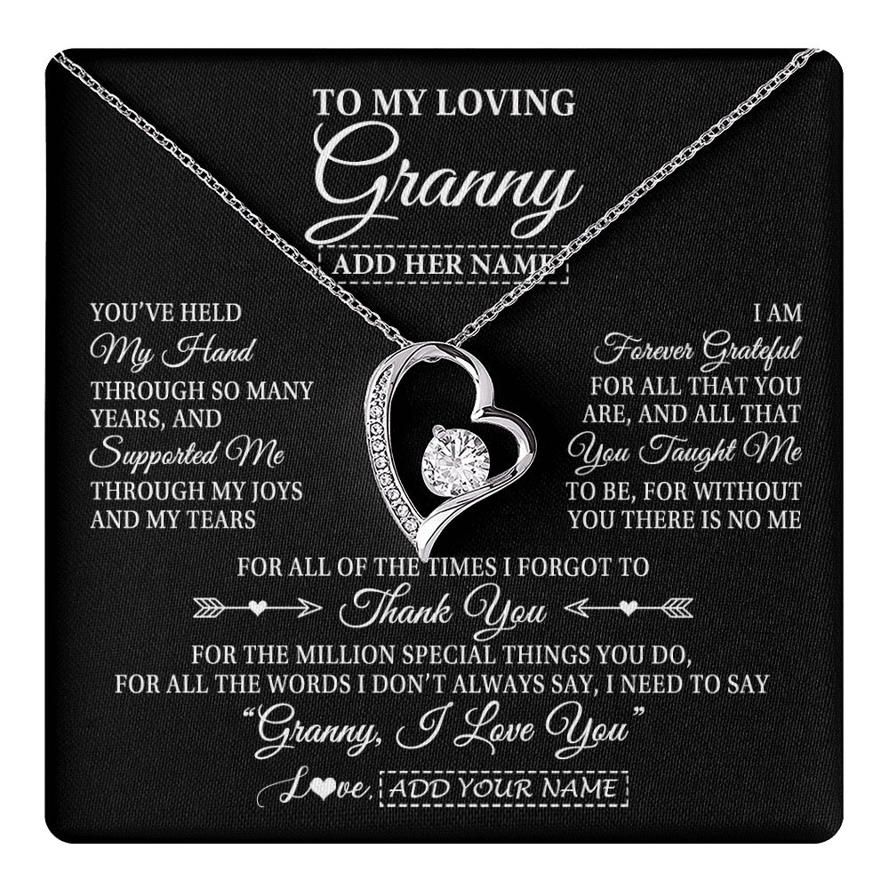 Forever Love Necklace 14K White Gold Finish | 1 | Personalized To My Loving Granny Necklace From Granddaughter You've Help My Hand Granny Gift From Grandson Granny Birthday Mothers Day Gift Box Message Card | https://teecentury.