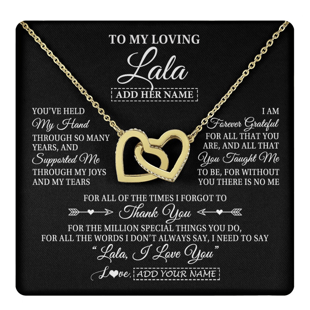Interlocking Hearts Necklace 18K Yellow Gold Finish | 1 | Personalized To My Loving Lala Necklace From Granddaughter You've Help My Hand Lala Gift From Grandson Lala Birthday Mothers Day Custom Gift Box Message Card | https://teecentury.