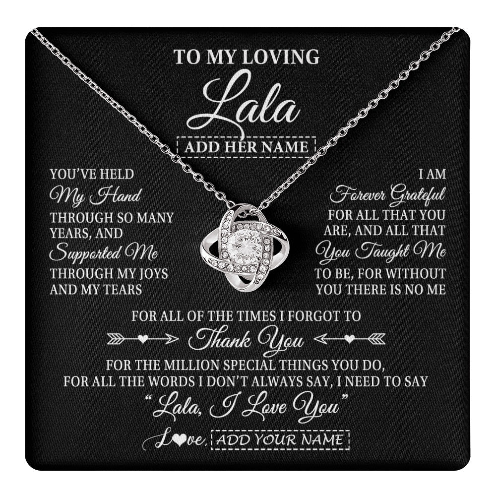 Love Knot Necklace 14K White Gold Finish | 1 | Personalized To My Loving Lala Necklace From Granddaughter You've Help My Hand Lala Gift From Grandson Lala Birthday Mothers Day Custom Gift Box Message Card | https://teecentury.