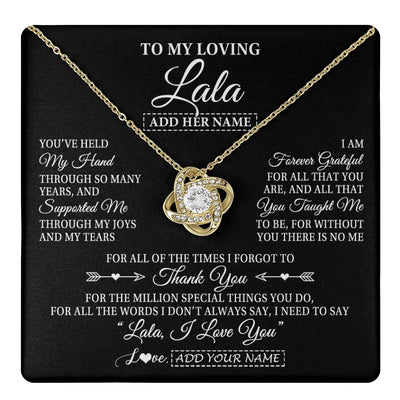 Love Knot Necklace 18K Yellow Gold Finish | 1 | Personalized To My Loving Lala Necklace From Granddaughter You've Help My Hand Lala Gift From Grandson Lala Birthday Mothers Day Custom Gift Box Message Card | https://teecentury.