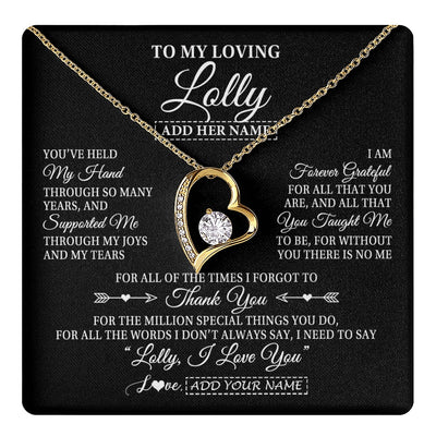Forever Love Necklace 18K Yellow Gold Finish | 1 | Personalized To My Loving Lolly Necklace From Granddaughter You've Help My Hand Lolly Gift From Grandson Lolly Birthday Mothers Day Gift Box Message Card | https://teecentury.