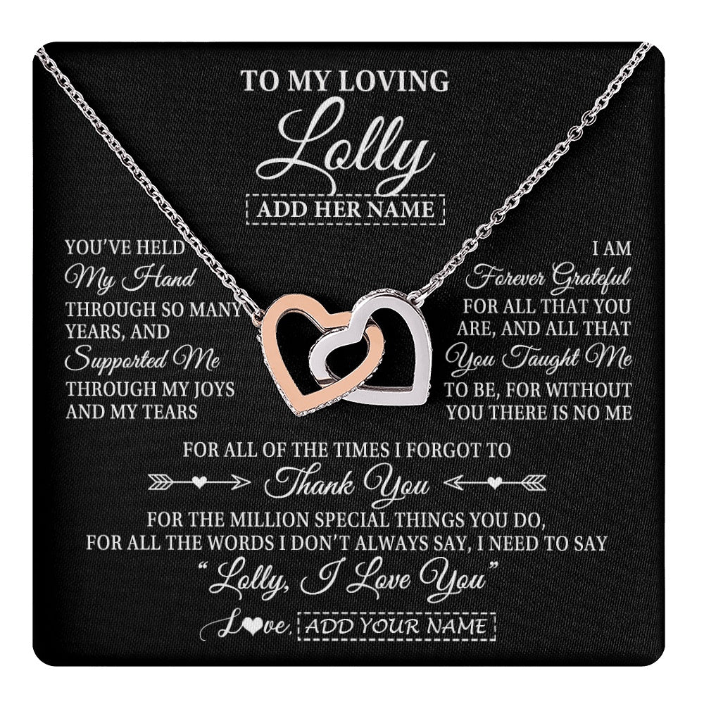 Interlocking Hearts Necklace Stainless Steel & Rose Gold Finish | 1 | Personalized To My Loving Lolly Necklace From Granddaughter You've Help My Hand Lolly Gift From Grandson Lolly Birthday Mothers Day Gift Box Message Card | https://teecentury.