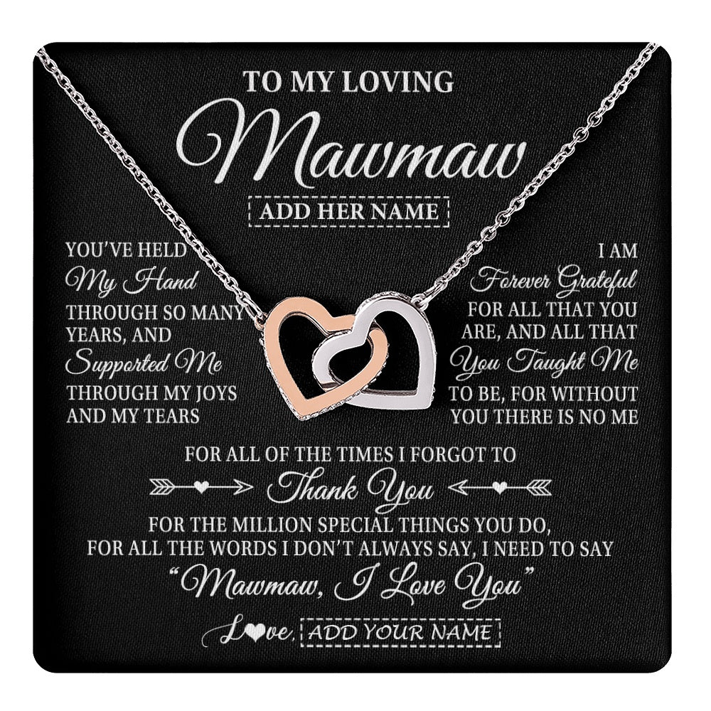 Interlocking Hearts Necklace Stainless Steel & Rose Gold Finish | 1 | Personalized To My Loving Mawmaw Necklace From Granddaughter You've Help My Hand Mawmaw Gift From Grandson Mawmaw Birthday Mothers Day Gift Box Message Card | https://teecentury.