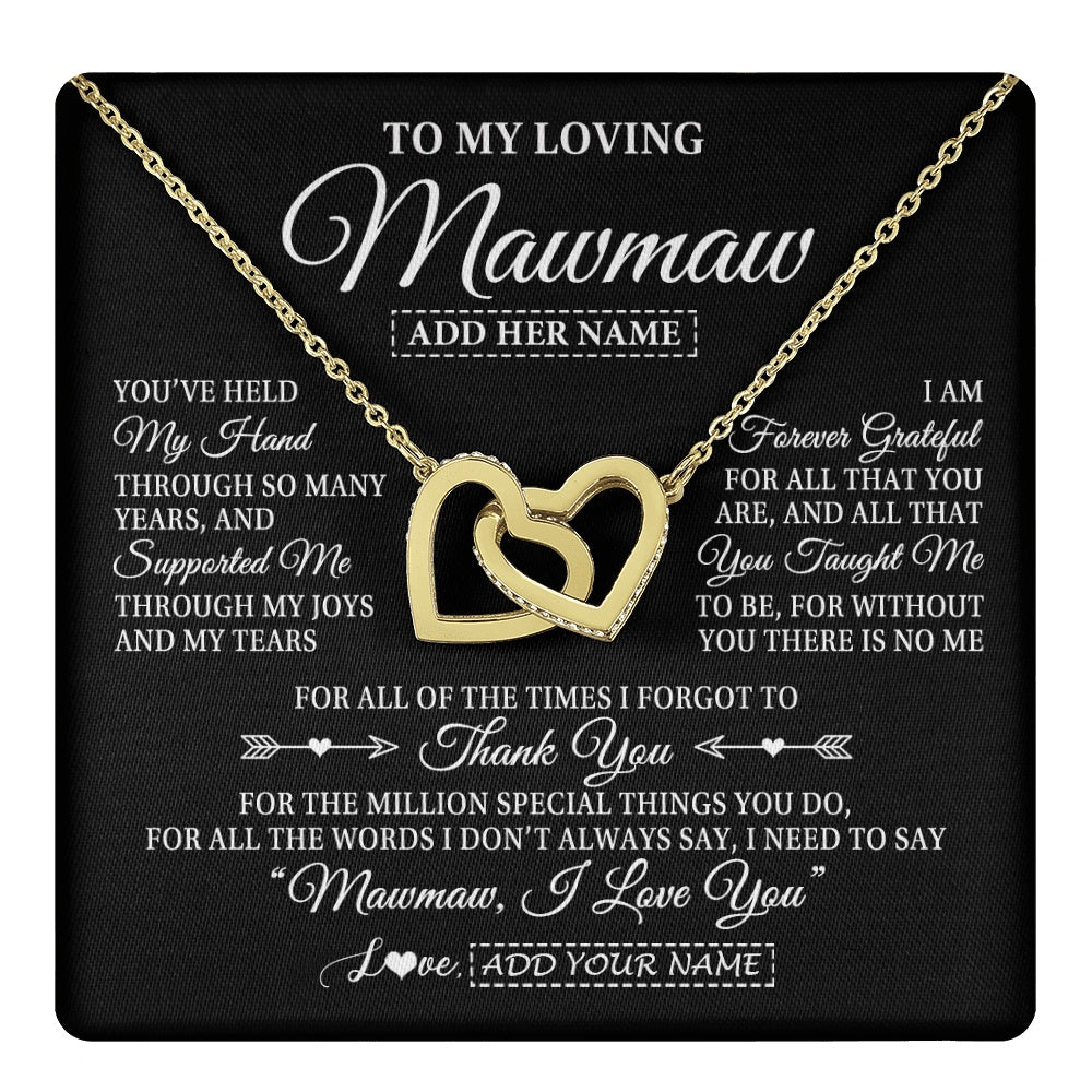 Interlocking Hearts Necklace 18K Yellow Gold Finish | 1 | Personalized To My Loving Mawmaw Necklace From Granddaughter You've Help My Hand Mawmaw Gift From Grandson Mawmaw Birthday Mothers Day Gift Box Message Card | https://teecentury.