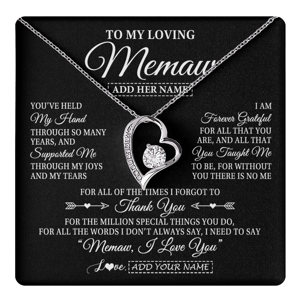 Forever Love Necklace 14K White Gold Finish | 1 | Personalized To My Loving Memaw Necklace From Granddaughter You've Help My Hand Memaw Gift From Grandson Memaw Birthday Mothers Day Gift Box Message Card | https://teecentury.