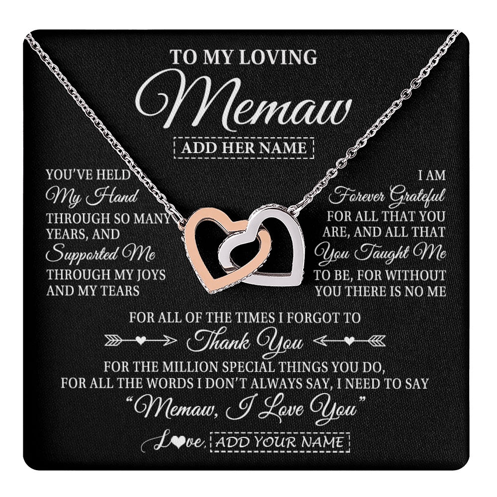 Interlocking Hearts Necklace Stainless Steel & Rose Gold Finish | 1 | Personalized To My Loving Memaw Necklace From Granddaughter You've Help My Hand Memaw Gift From Grandson Memaw Birthday Mothers Day Gift Box Message Card | https://teecentury.