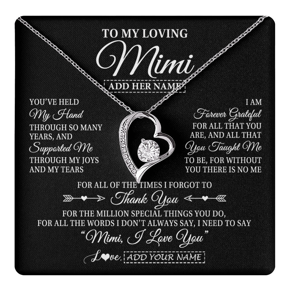 Forever Love Necklace 14K White Gold Finish | 1 | Personalized To My Loving Mimi Necklace From Granddaughter You've Help My Hand Mimi Gift From Grandson Mimi Birthday Mothers Day Custom Gift Box Message Card | https://teecentury.