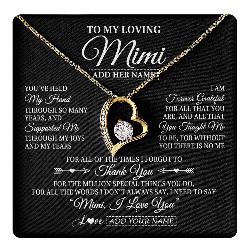 Forever Love Necklace 18K Yellow Gold Finish | 1 | Personalized To My Loving Mimi Necklace From Granddaughter You've Help My Hand Mimi Gift From Grandson Mimi Birthday Mothers Day Custom Gift Box Message Card | https://teecentury.