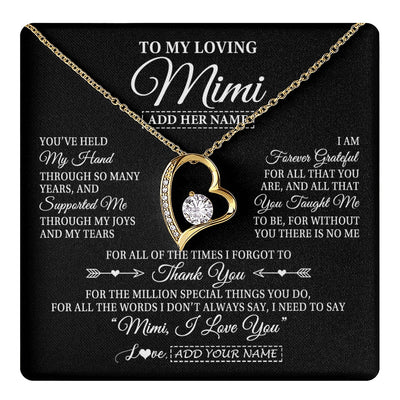 Forever Love Necklace 18K Yellow Gold Finish | 1 | Personalized To My Loving Mimi Necklace From Granddaughter You've Help My Hand Mimi Gift From Grandson Mimi Birthday Mothers Day Custom Gift Box Message Card | https://teecentury.