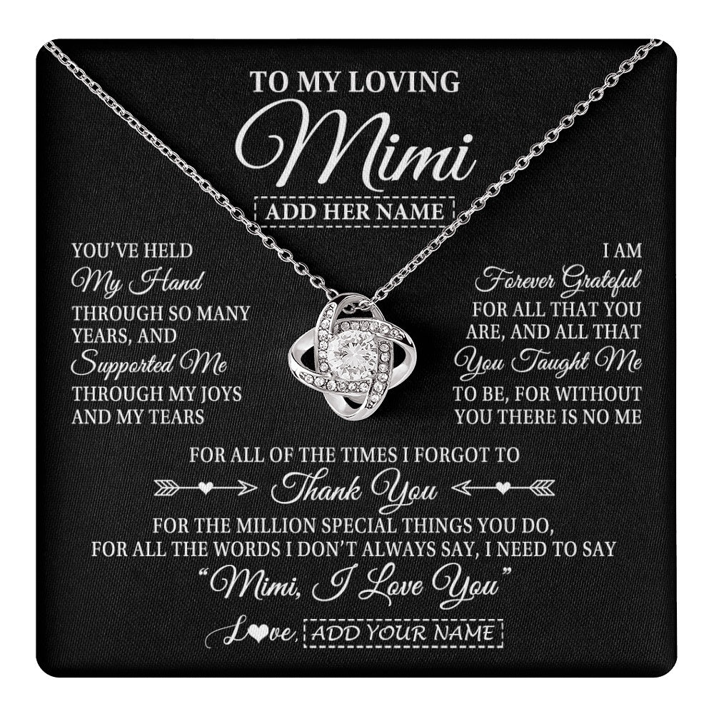Love Knot Necklace 14K White Gold Finish | 1 | Personalized To My Loving Mimi Necklace From Granddaughter You've Help My Hand Mimi Gift From Grandson Mimi Birthday Mothers Day Custom Gift Box Message Card | https://teecentury.